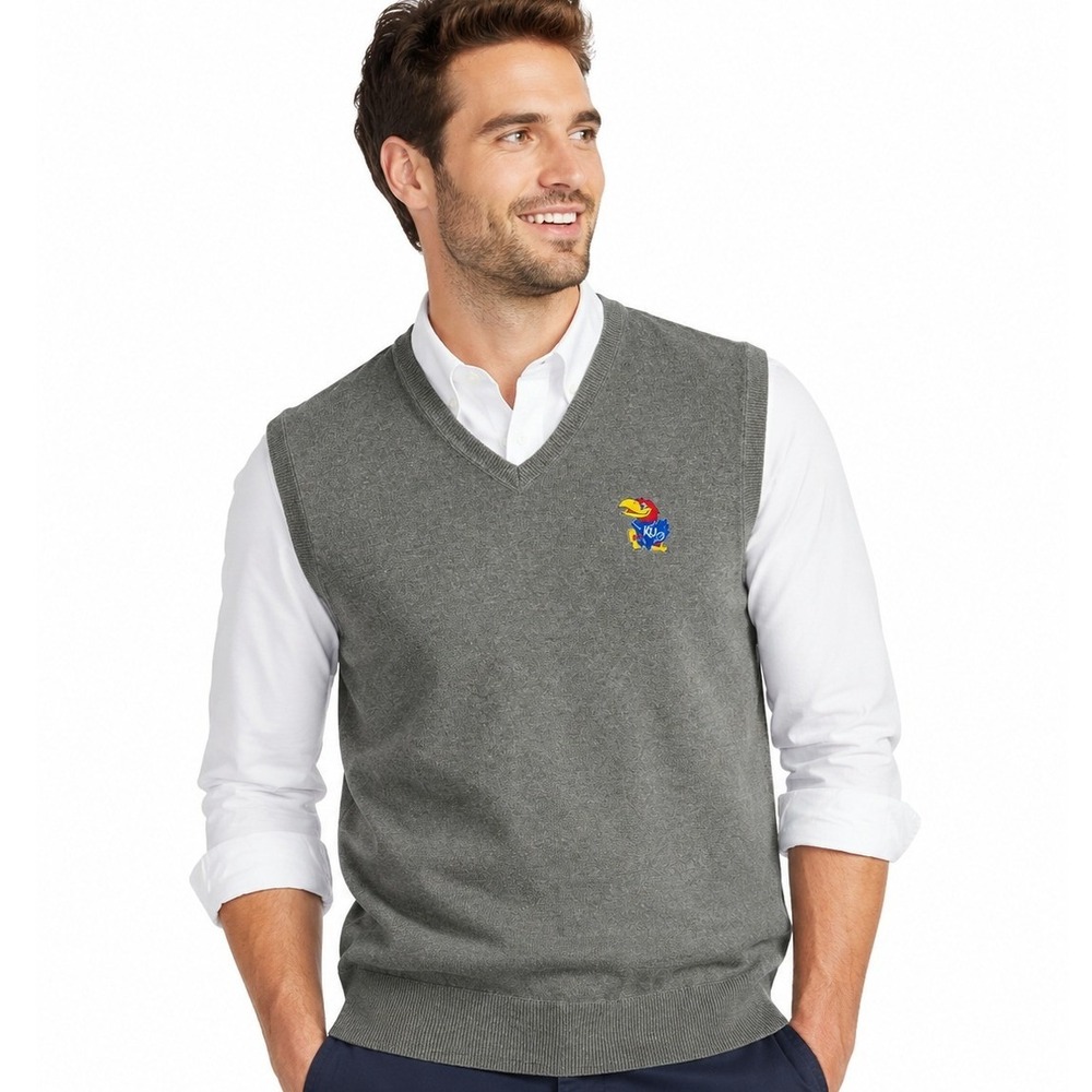 Vantage Kansas Jayhawks Sweater Vest Men 2X Gray Cotton V-Neck Embroidered Logo